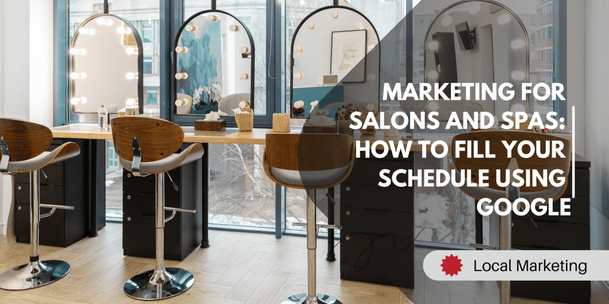 A row of styling stations with lit mirrors in a modern salon, illustrating how salons and spas can fill their schedule using Google.